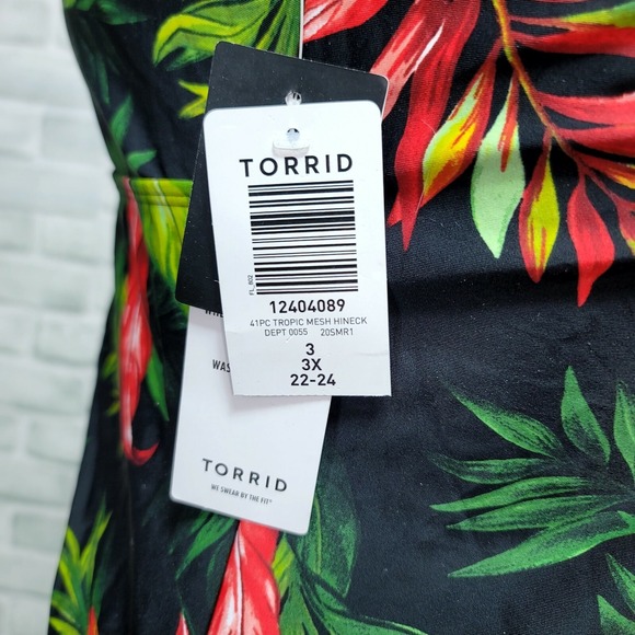 Torrid 3X Black Tropical Print Wireless One-Piece Swimsuit Mesh Hi Neck Swimwear - Picture 4 of 10